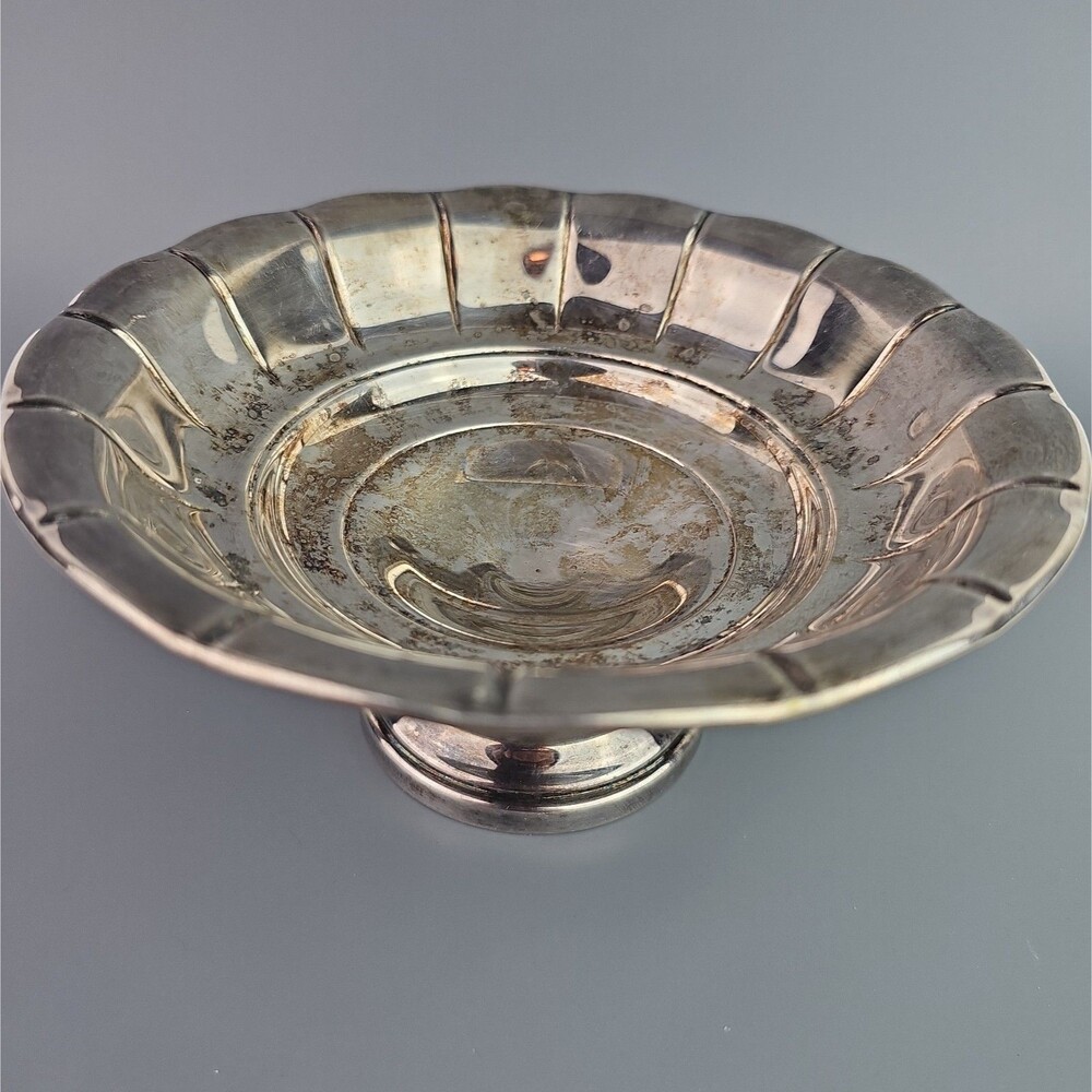 Vintage Silver Tone Footed Compote Pedestal Serving Bowl Fluted Rim Unmarked
